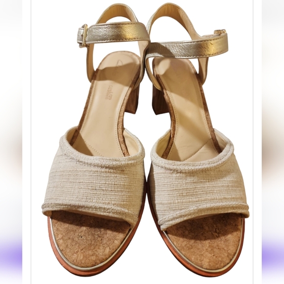 Clarks Ellis Clara metallic combo block heel sandals size 9 cork linen Coquette - Picture 8 of 10
